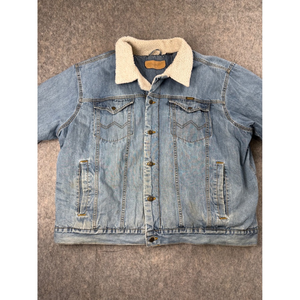 Wrangler Mens Blue Denim Sherpa Lined Trucker Jacket Light Wash Size XXL